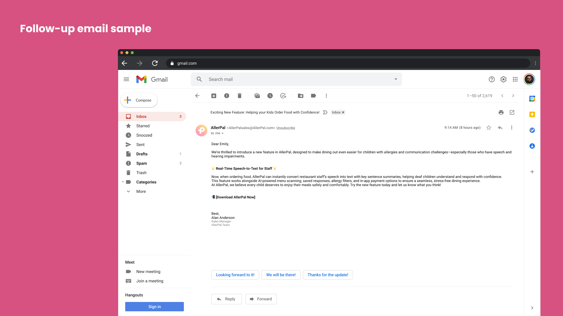 AllerPal follow-up email sample