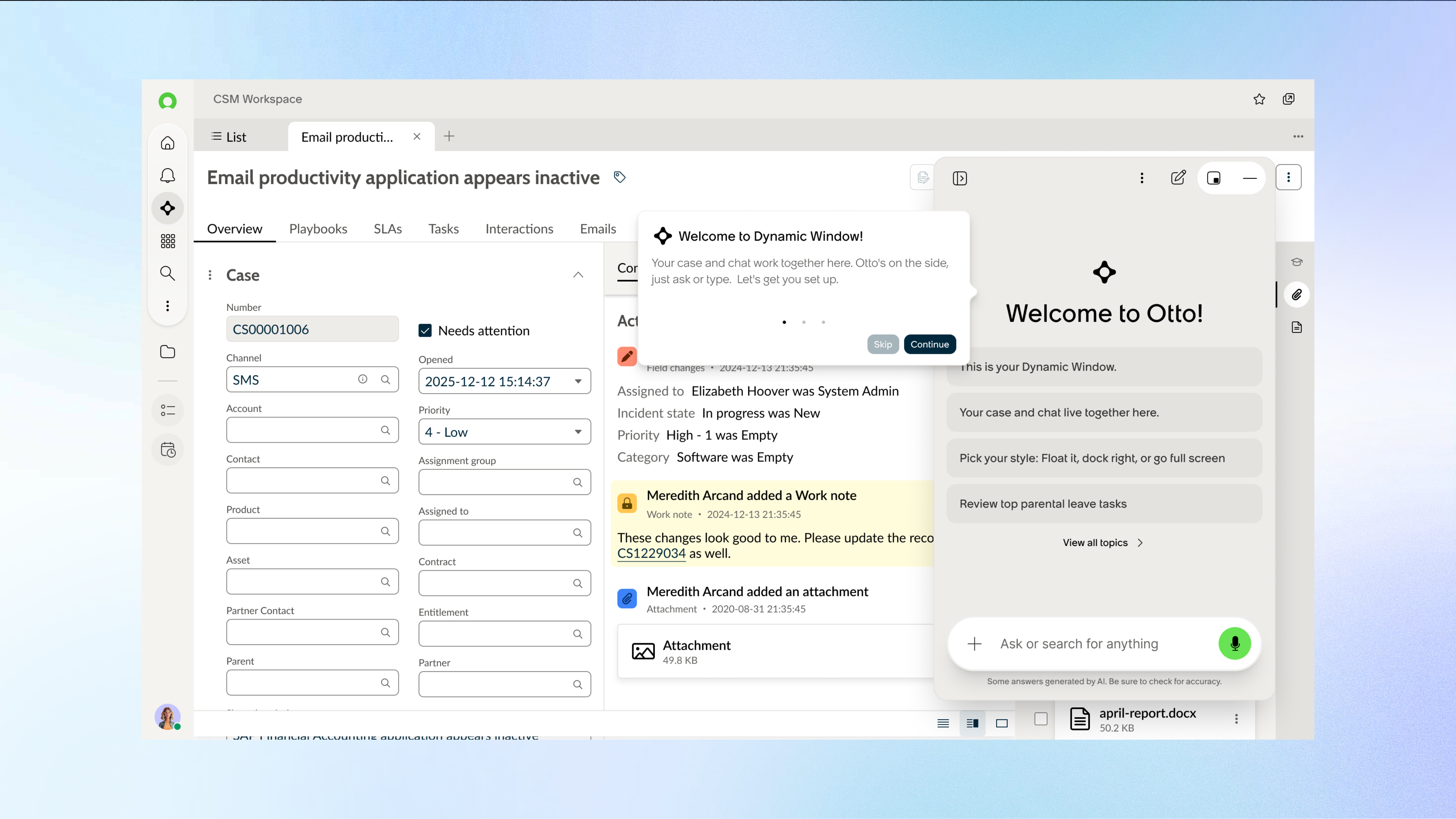 Dynamic Window simplified header interface showing onboarding tooltip and Otto panel