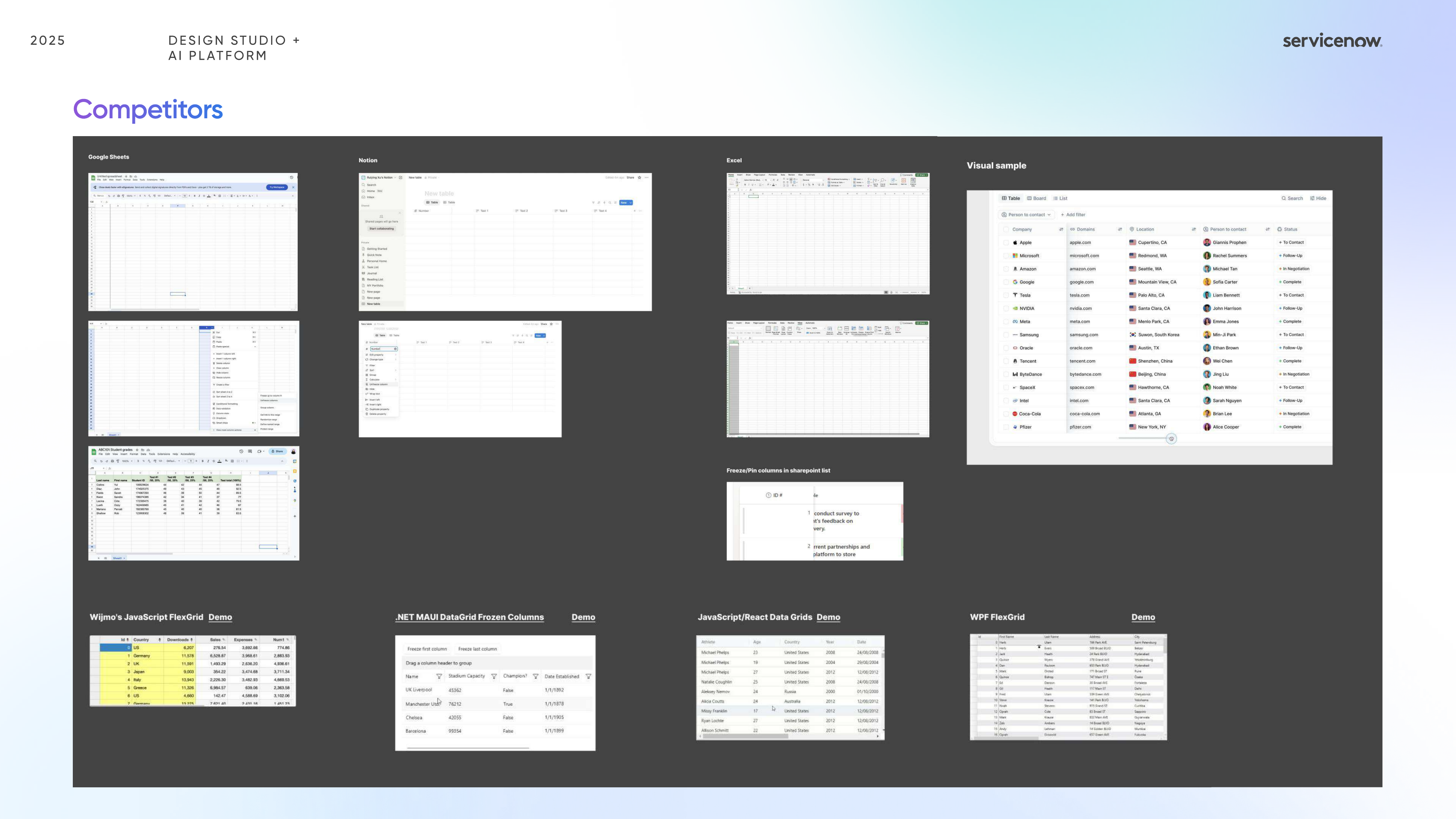 Column Pinning competitor reference study