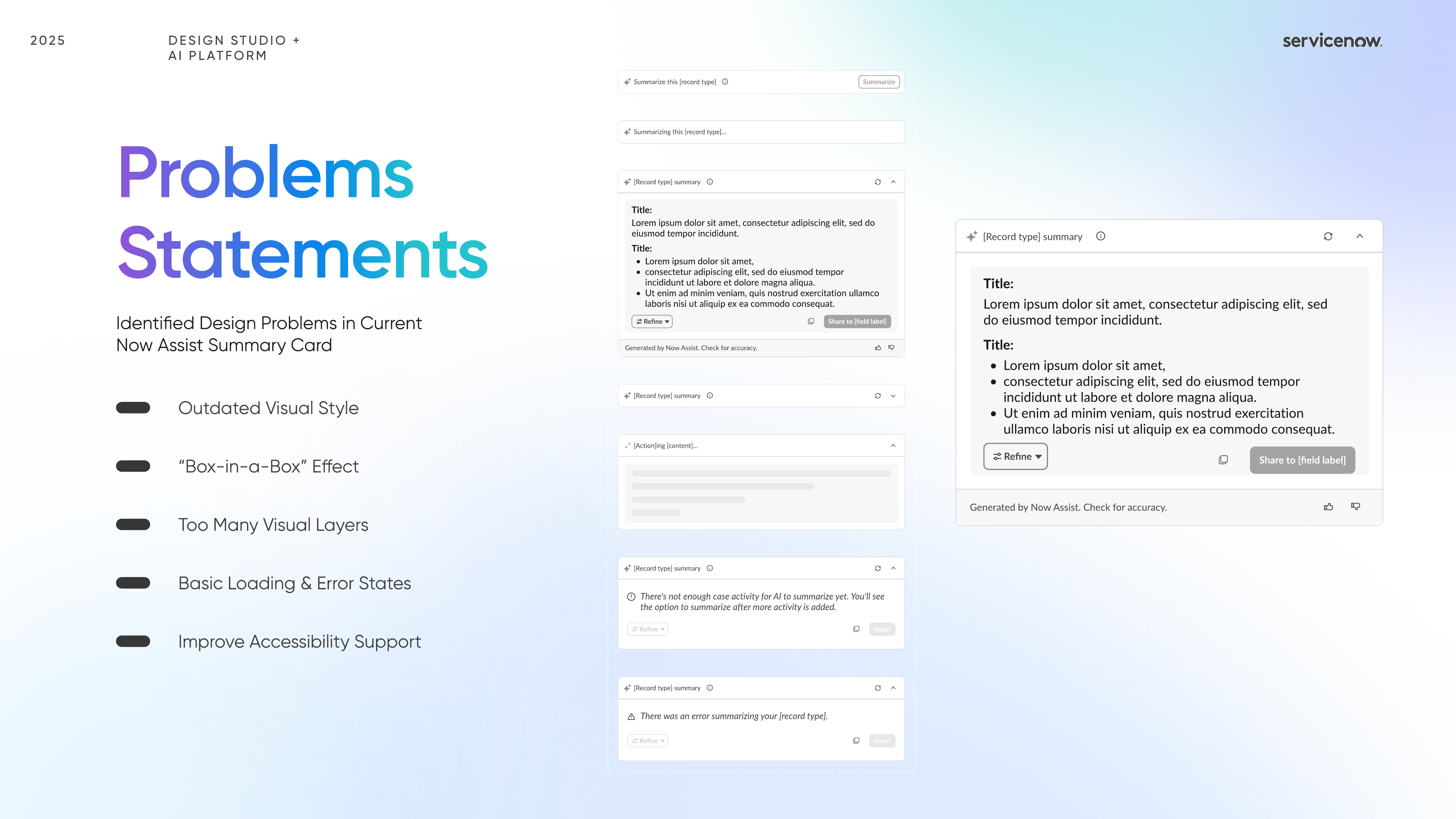 Now Assist Redesign identified visual problems in the current summary card