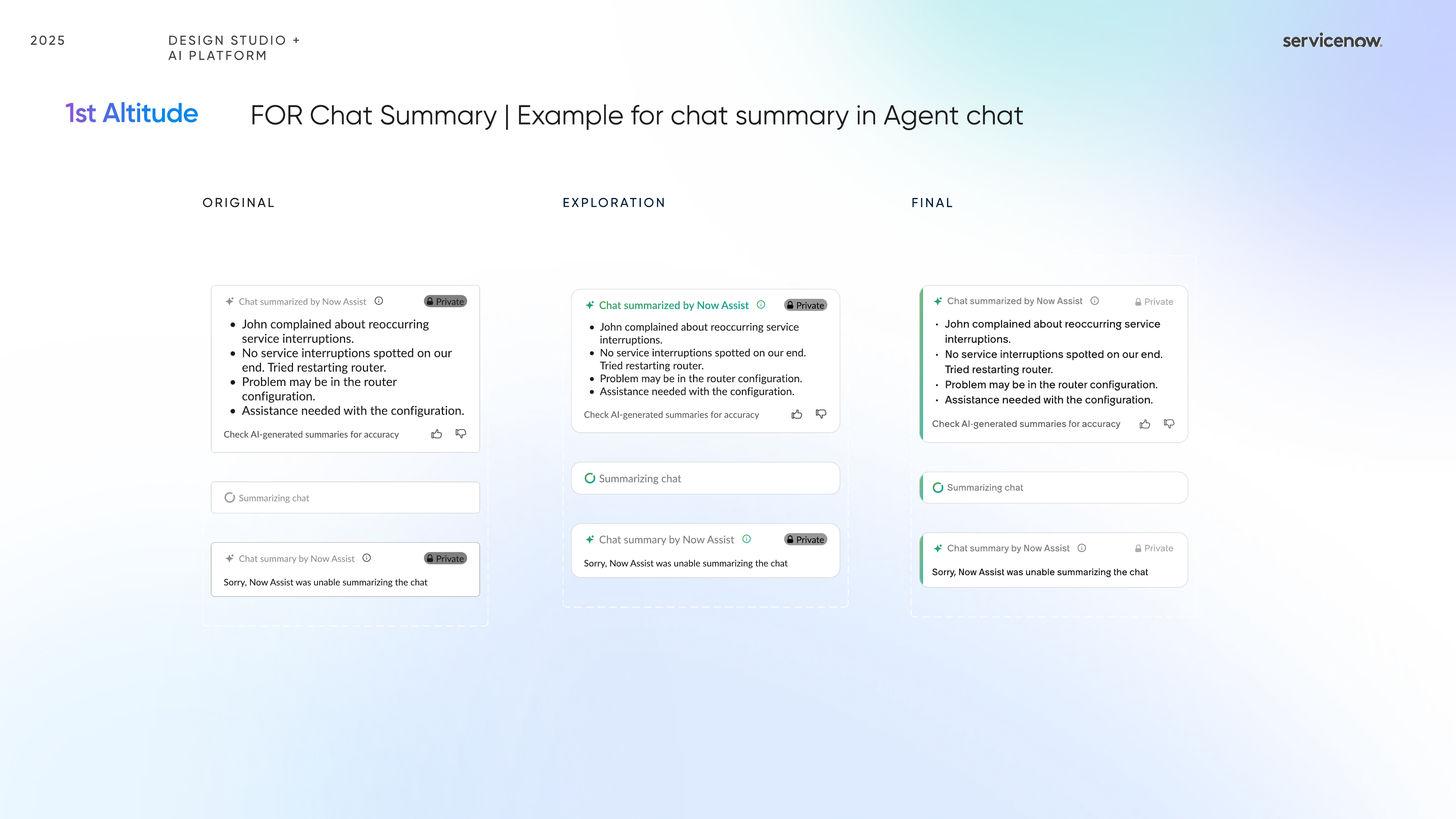 Now Assist chat summary comparison showing original, exploration, and final states